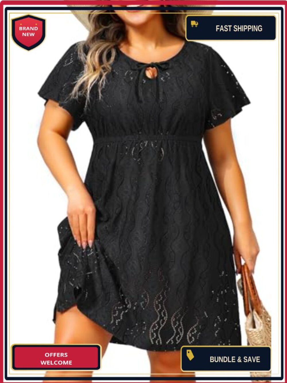 Plus Size Eyelet Swim Cover Up Dress - Short Sleeve Beach Bathing Suit Coverup